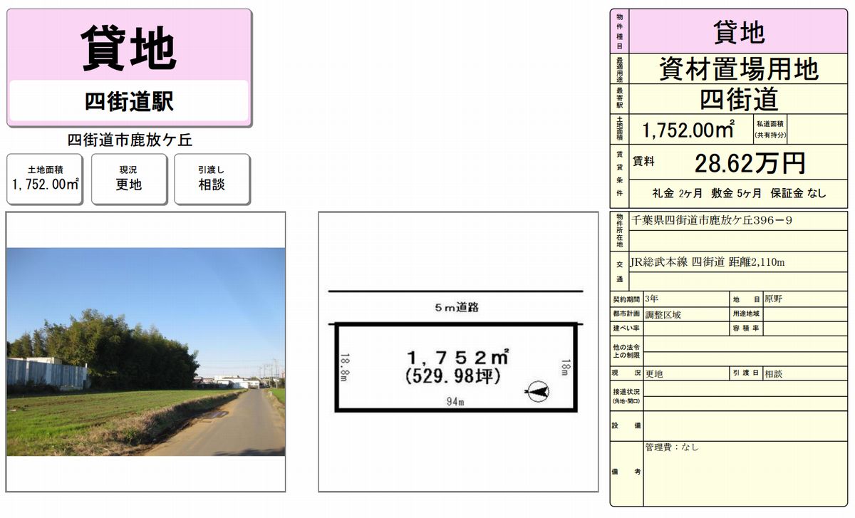 千葉県四街道市鹿放ケ丘396 9 四街道 貸地の貸し倉庫 工場 貸し土地 テナントｓｎａｐ 21143