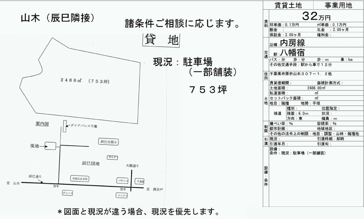 貸工場・貸倉庫・貸地|市原市山木307-1の貸し工場・貸し倉庫・貸地情報[24771]市原市山木307-1 八幡宿 貸地 詳細データ