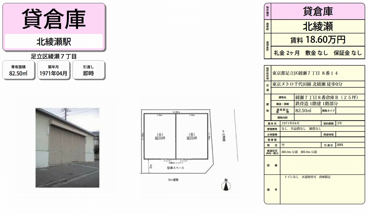 東京都足立区綾瀬7 8 14 北綾瀬 倉庫bの貸し倉庫 工場 貸し土地 テナントｓｎａｐ